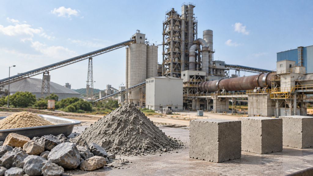 Cement strength testing materials with cement powder, aggregates, concrete test cubes, and a cement manufacturing plant in the background