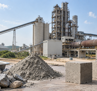 Cement strength testing materials with cement powder, aggregates, concrete test cubes, and a cement manufacturing plant in the background