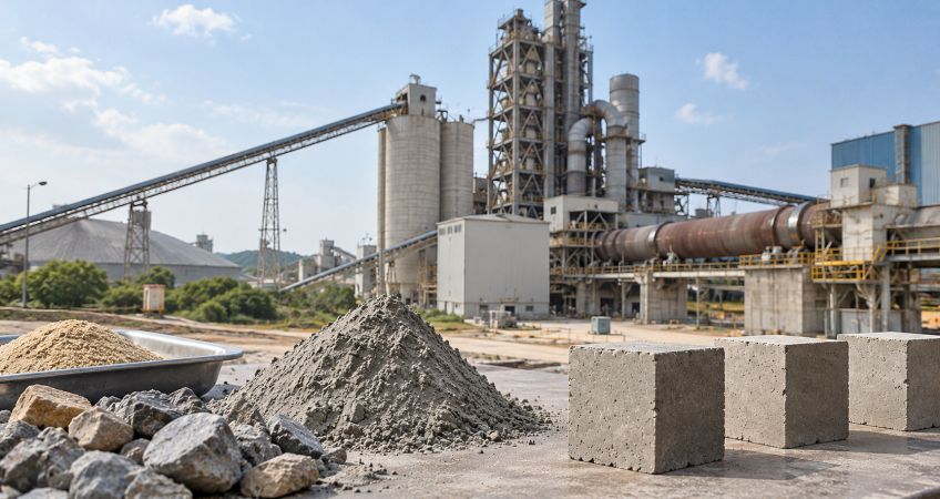 Cement strength testing materials with cement powder, aggregates, concrete test cubes, and a cement manufacturing plant in the background